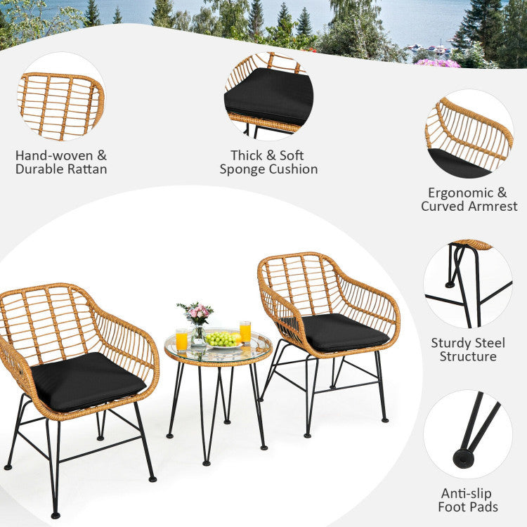 3 Pieces Rattan Furniture Set With Cushioned Chair Table - Outdoor Chilling