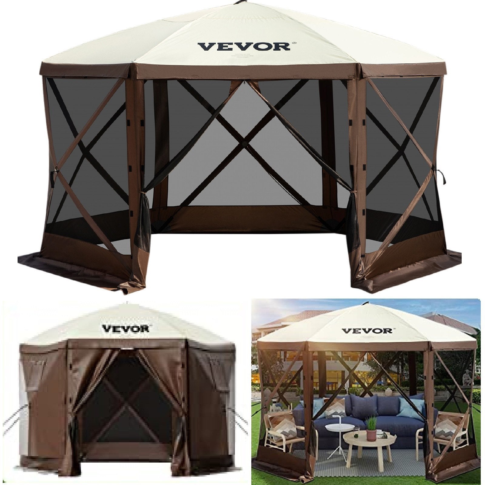 VEVOR Camping Gazebo Screen Tent, 6 Sided Pop Up Canopy Shelter Tent With Mesh Windows, Portable Carry Bag, Stakes, Large Shade Tents For Outdoor Camping, Lawn And Backyard, Brown Beige - Outdoor Chilling