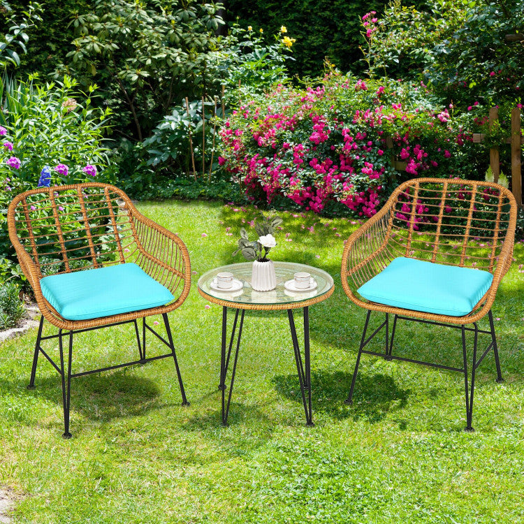 3 Pieces Rattan Furniture Set With Cushioned Chair Table - Outdoor Chilling