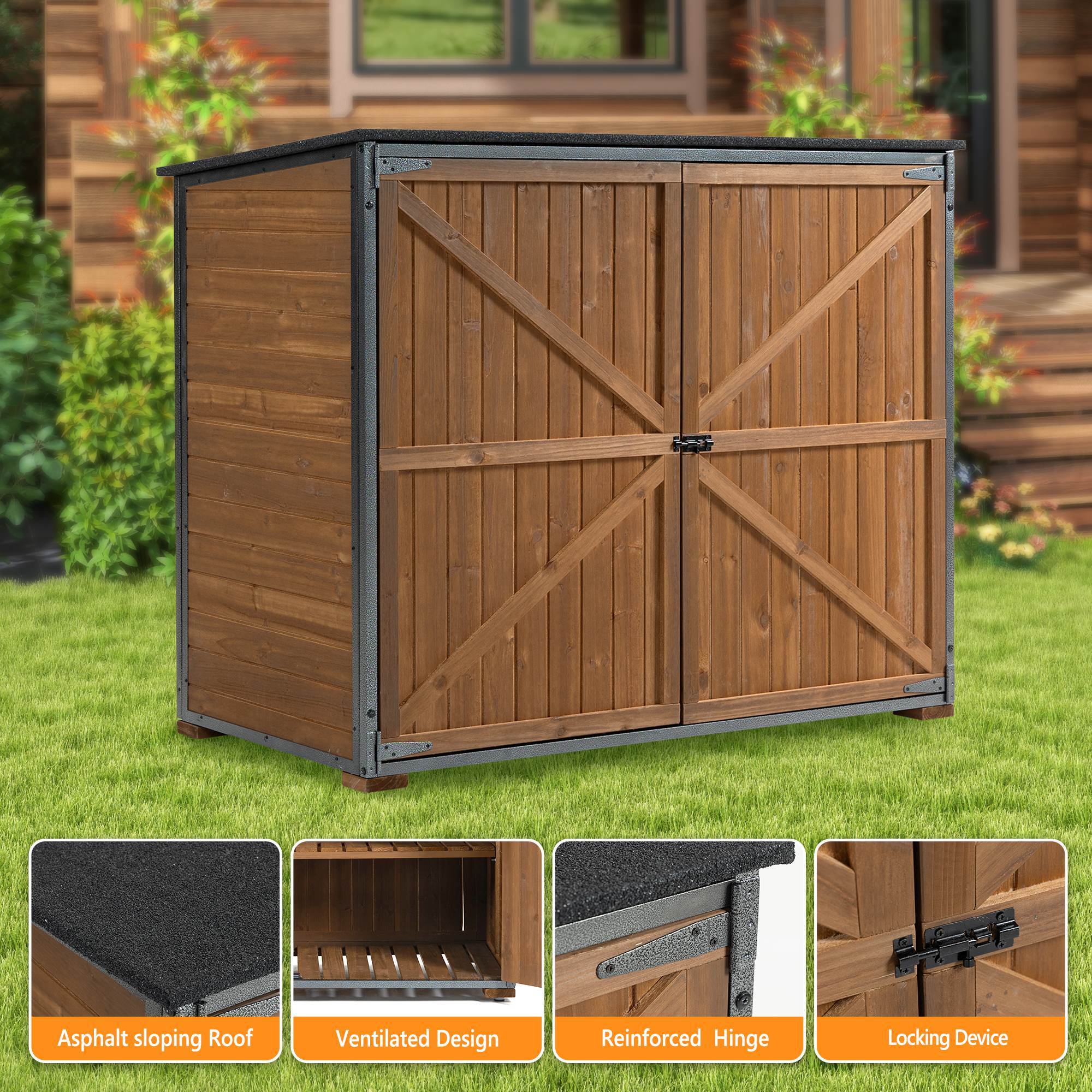 Outdoor Storage Cabinet 50.4L X 26.8W X 41H Ft Garden Shed Tool Shed With Metal Frame Structure For Garden Patio Lawn Brown - Outdoor Chilling