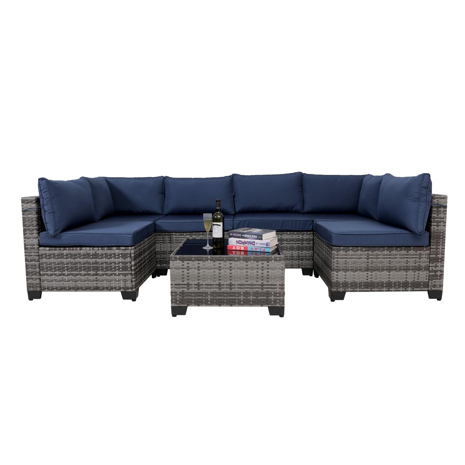 7 Pieces Outdoor Rattan Patio Sectional Set, Black Wicker Furniture Conversation Sets With Washable Cushions & Glass Coffee Table For Garden, Poolside, Backyard - Outdoor Chilling