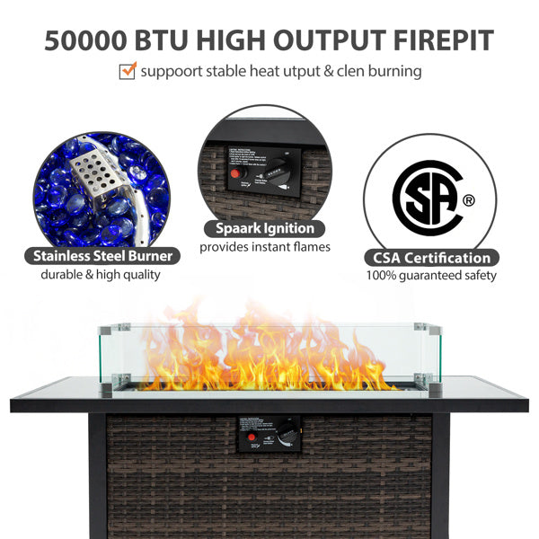 Outdoor Fire Pit 50000 BTU Propane Gas Fire Table With Lid Fireplace With Glass Windproof Willow Base Suitable For Gardens, Terraces, Backyards, 44 Inches - Outdoor Chilling