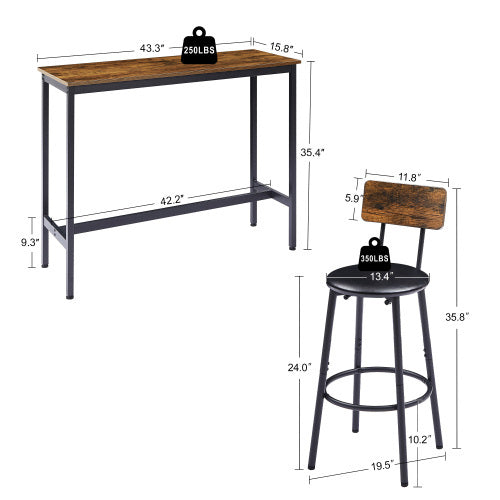 Bar Table Set With 2 Bar Stools PU Soft Seat With Backrest, Rustic Brown - Outdoor Chilling