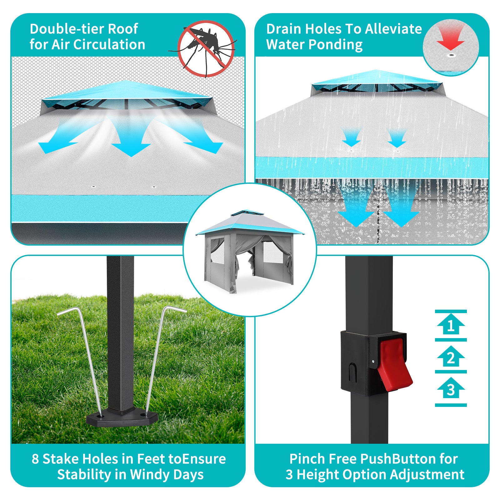 3x3m Light Blue White One Click Open Right Angle Belt With 4 Sides Of Surrounding Cloth, Double Roof Overhanging Eaves, 4 Corners With Sandbags, Folding Shed - Outdoor Chilling