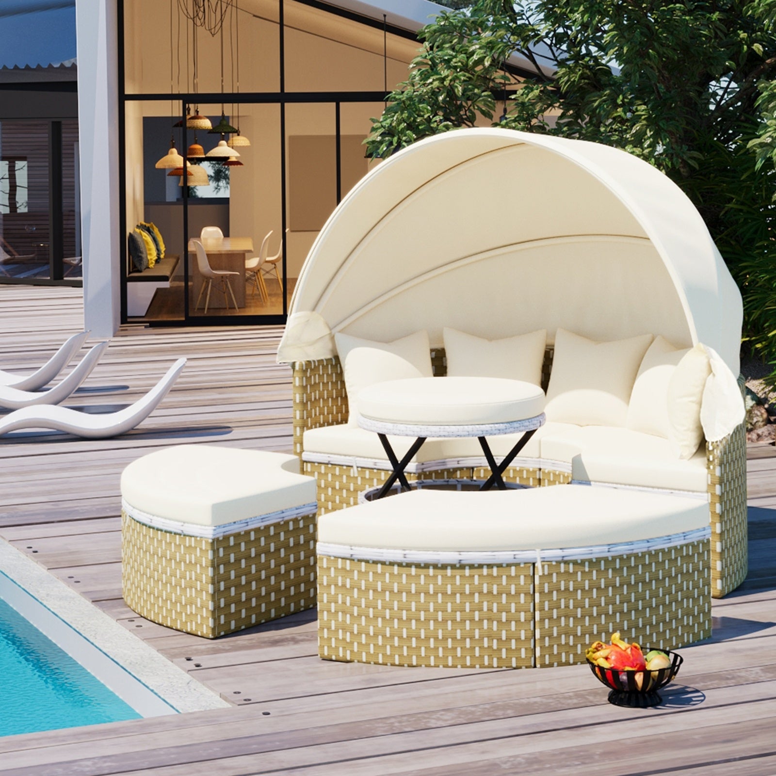 TOPMAX Patio Furniture Round Outdoor Sectional Sofa Set Rattan Daybed Two-Tone Weave Sunbed With Ret - Outdoor Chilling