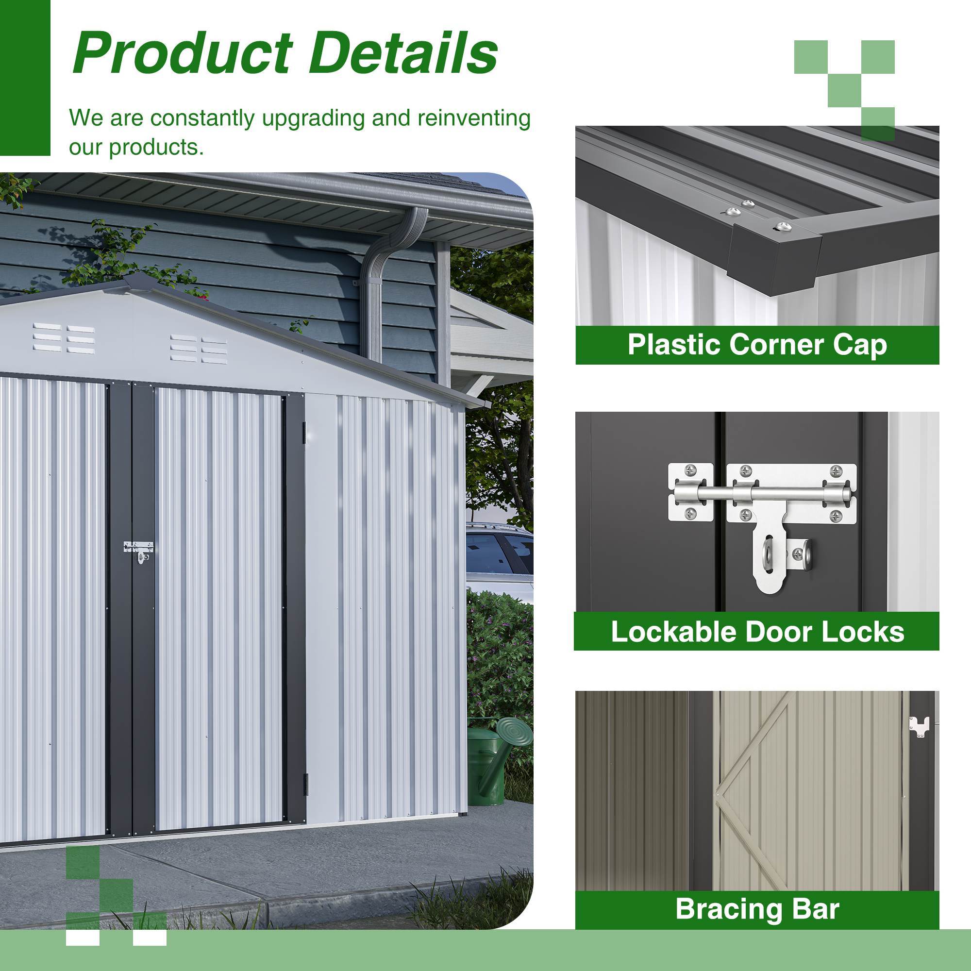 10X8 FT Outdoor Storage Shed, All Weather Metal Sheds With Lockable Doors, Tool Shed For Garden, Patio, Backyard, Lawn, White