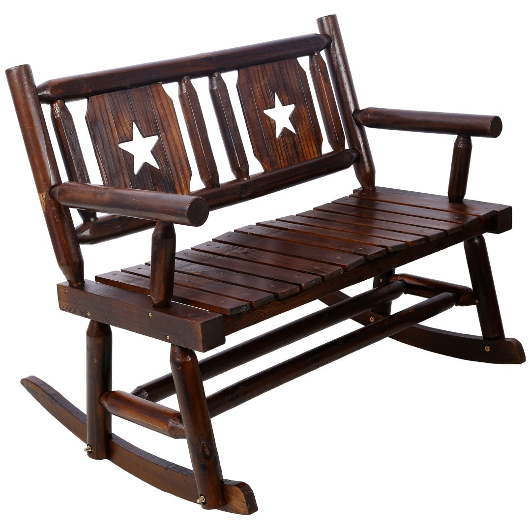 Outdoor Solid Wood Rocking Chair Bench Carbonized Double Rocking Chair For 2 People With Wide Curved Seat For Porch, Garden, Backyard, Rustic Brown - Outdoor Chilling