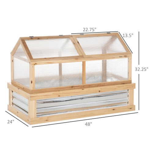 Outsunny Raised Garden Bed With Polycarbonate Greenhouse, Wooden Garden Cold Frame Greenhouse, Flower Planter Protection, 48 X 24 X 32, Natural - Outdoor Chilling