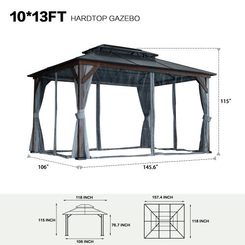 10' X 13' Hardtop Wood Gazebo For Patios, Outdoor Framed Gazebo With Polycarbonate Double Roof Canopy, Solid Wooden Framed Gazebo With Privacy Curtains And Mosquito Nettings For Garden, Backyard - Outdoor Chilling