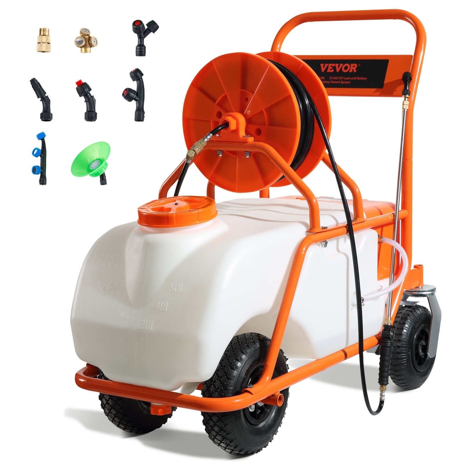 VEVOR Battery Powered Lawn Sprayer On Wheel, 0-90 PSI Adjustable Pressure, 15 Gallon Tank, Cart Sprayer With 8 Nozzles And 2 Wands, 12V 12Ah Battery, Wide Mouth Lid For Weeding, Spraying - Outdoor Chilling