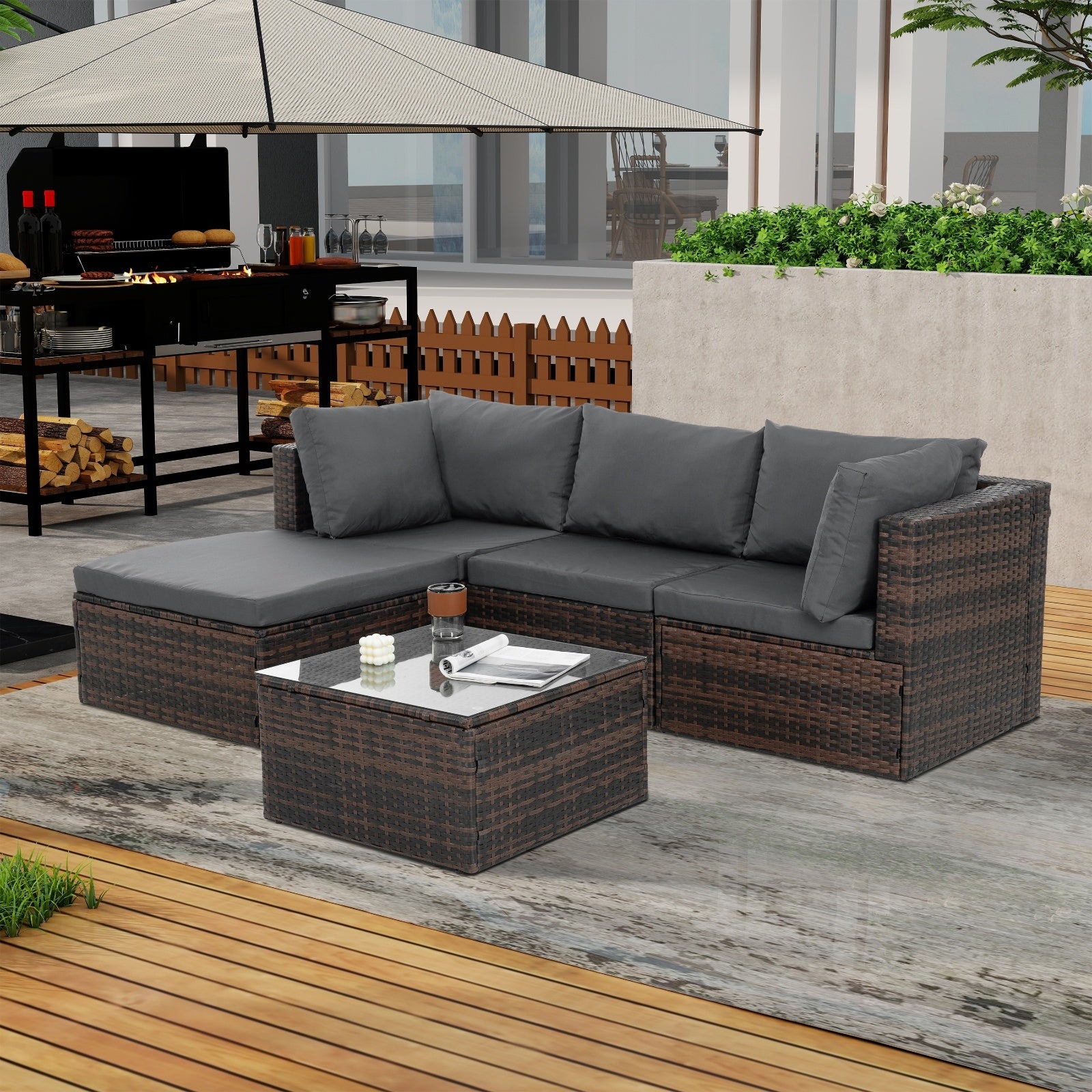 Patio Furniture, Outdoor Furniture, Seasonal PE Wicker Furniture, 5 Set Wicker Furniture With Temper - Outdoor Chilling