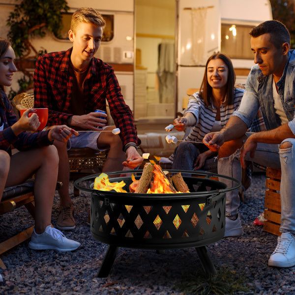 32in Round Shape With Lifting Ring, Mesh Lid, Diamond Holes, Wood-burning Brazier, Wrought Iron, Black - Outdoor Chilling