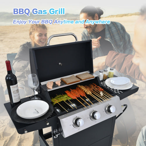 Propane Gas Grill 3 Burner Barbecue Grill, Stainless Steel 26,000 BTU Patio Garden Barbecue Grill With Two Shelves, Lid, Wheels And Bottle Opener - Outdoor Chilling