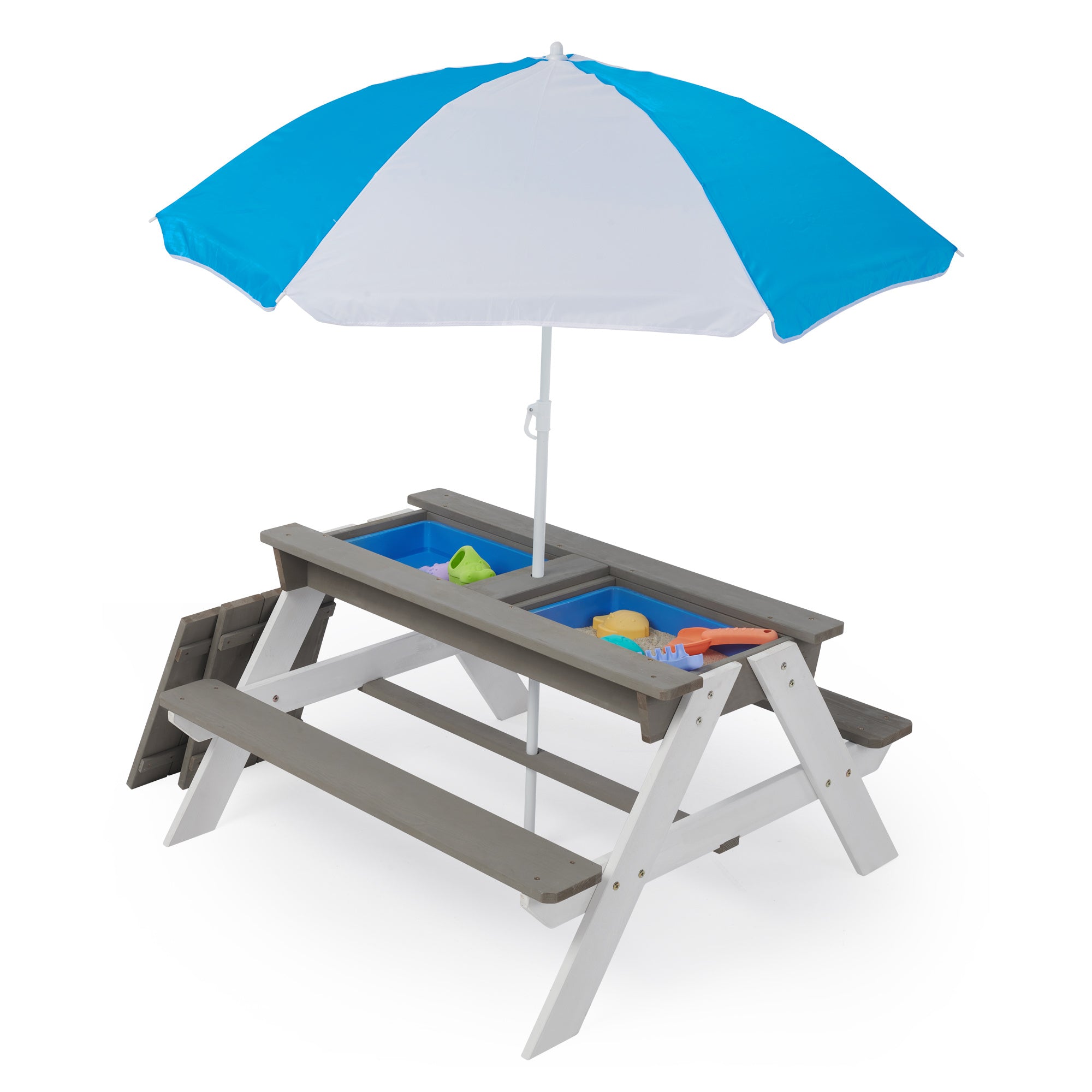 3-in-1 Children's Outdoor Wooden Picnic Table With Umbrella, Convertible Sand And Water, And 7 Plastic Toys - Outdoor Chilling