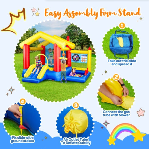 8 In 1 Inflatable Bounce House With Blower Basketball Hoop Ocean Balls Ring-toss Game Target And Sticky Ball Game For Kids - Outdoor Chilling