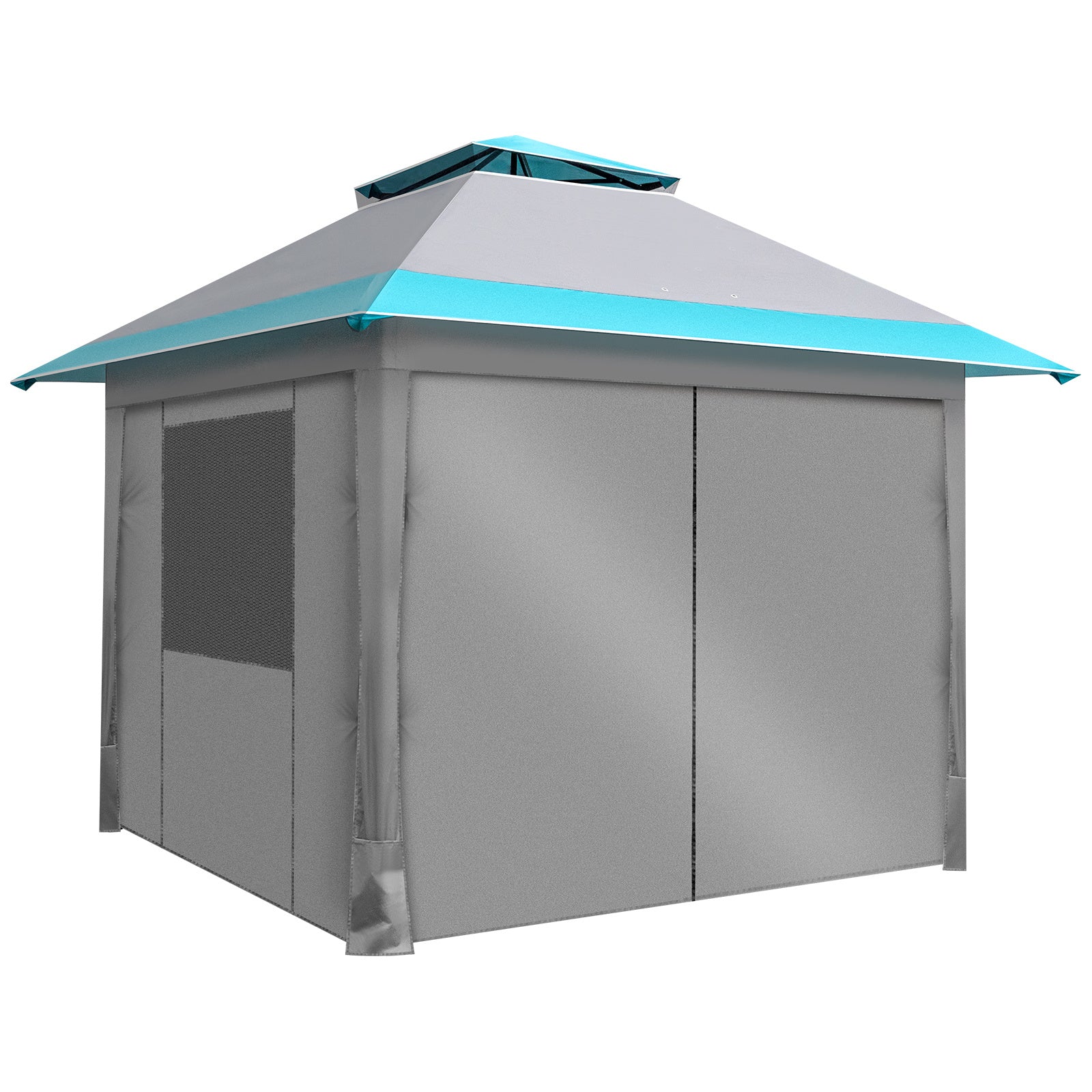 3x3m Light Blue White One Click Open Right Angle Belt With 4 Sides Of Surrounding Cloth, Double Roof Overhanging Eaves, 4 Corners With Sandbags, Folding Shed - Outdoor Chilling