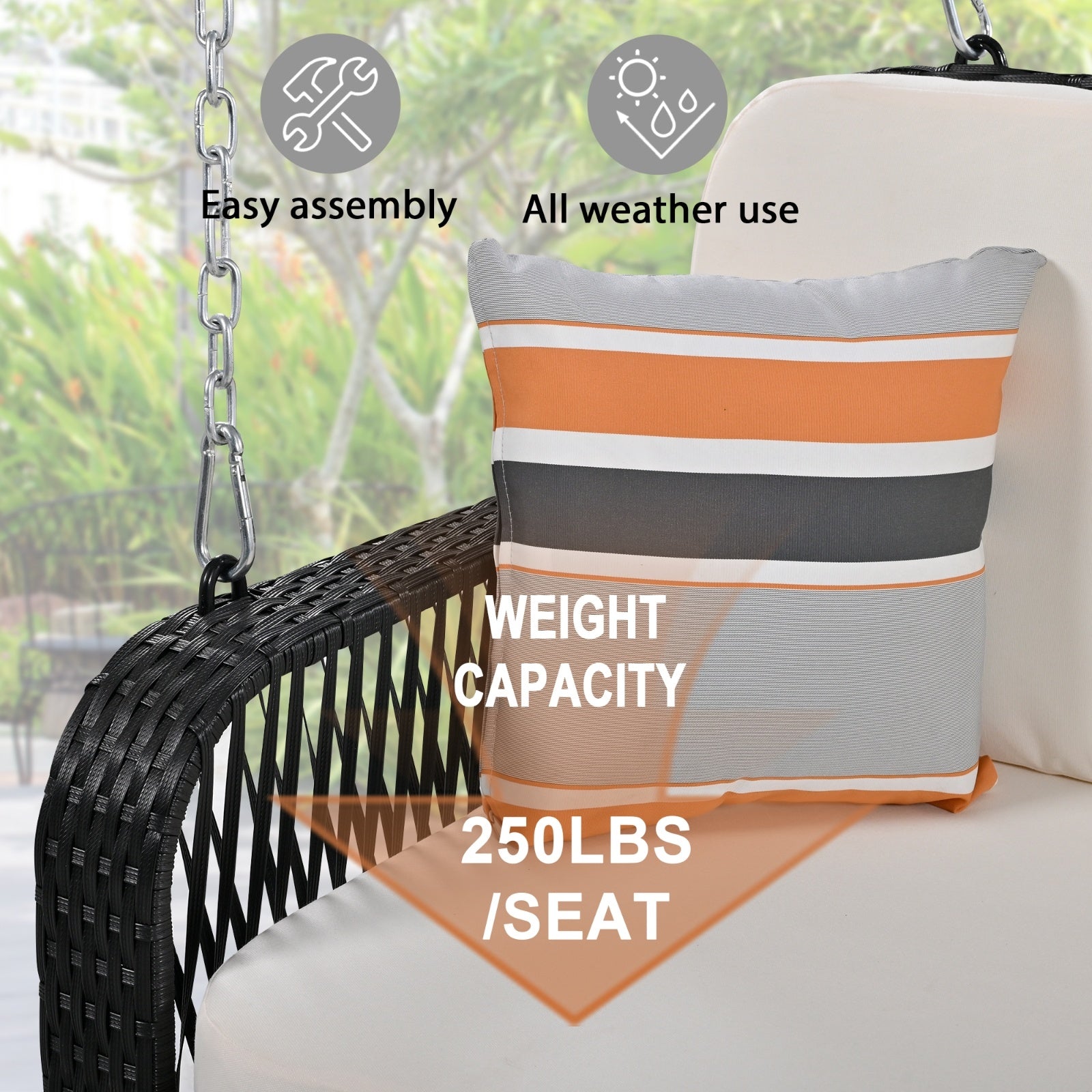GO PE Wicker Porch Swing, 2-Seater Hanging Bench With Chains, Patio Furniture Swing For - Outdoor Chilling