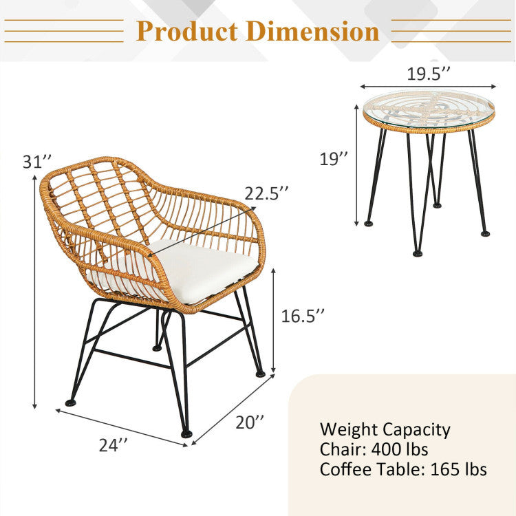3 Pieces Rattan Furniture Set With Cushioned Chair Table - Outdoor Chilling
