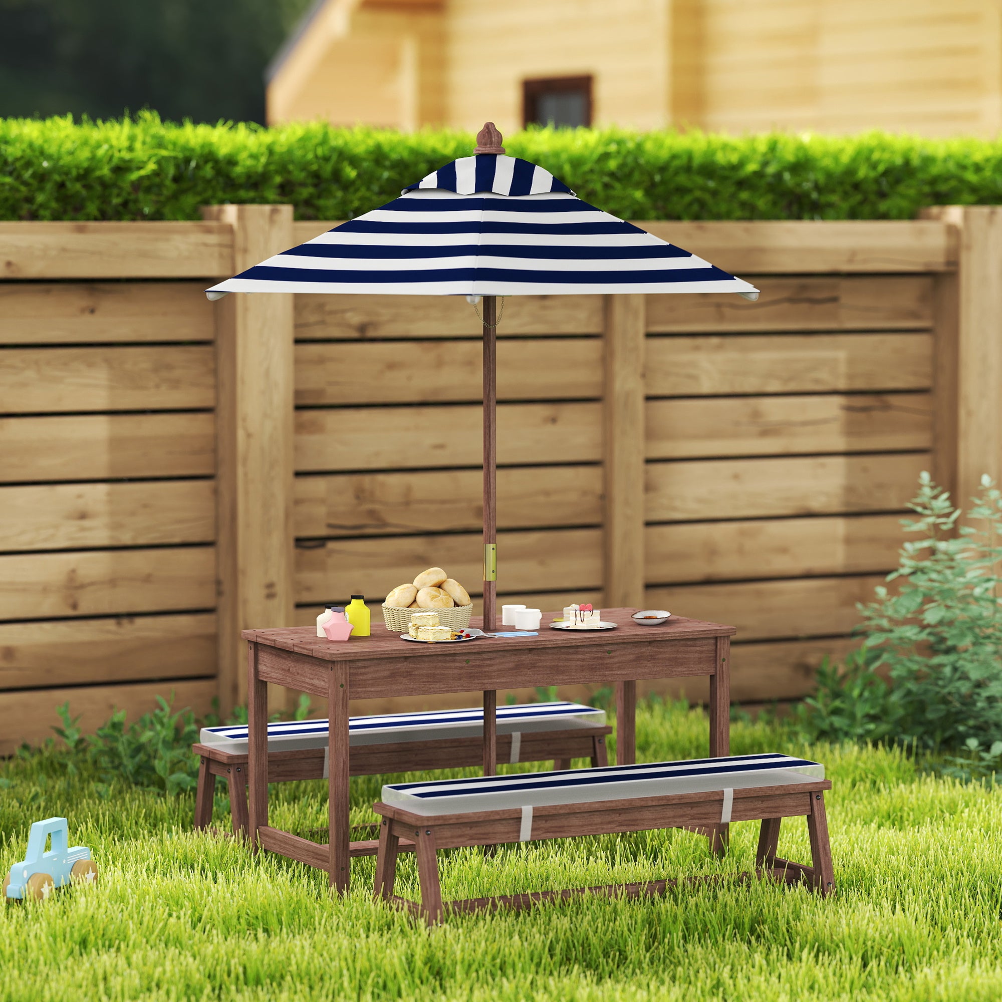 Outdoor Wooden Kids Picnic Table & Bench Set With Cushions And Umbrella, For Patio, Garden, Navy Blue
