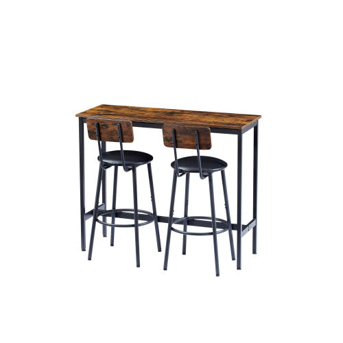 Bar Table Set With 2 Bar Stools PU Soft Seat With Backrest, Rustic Brown