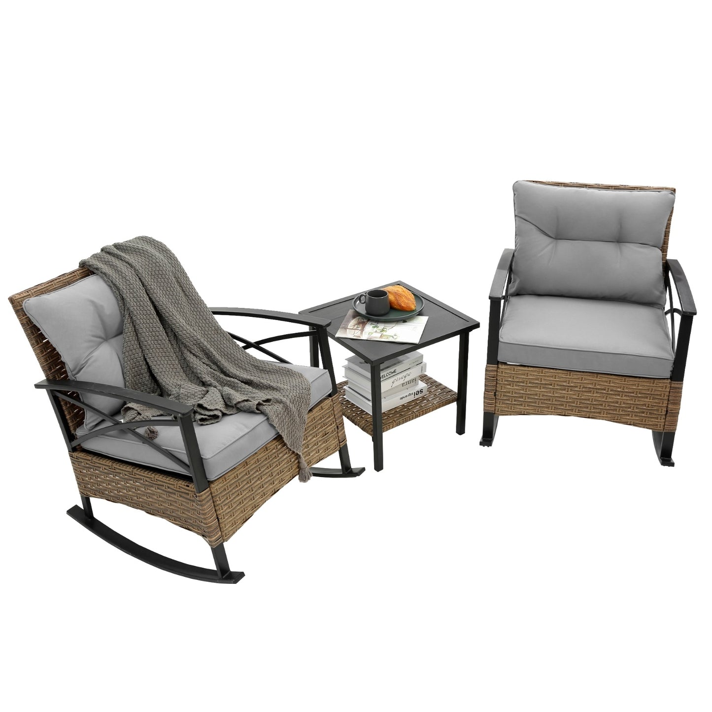 3pcs Rattan Rocking Chair Set Outdoor Leisure Grey