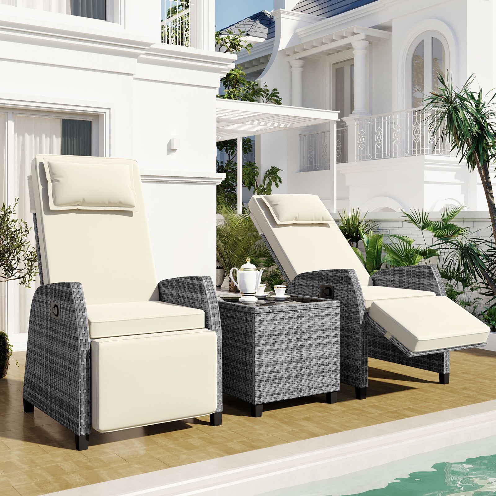 U Style Outdoor Rattan 2-Person Combo W  Coffee Table, Adjustable For Courtyard - Outdoor Chilling