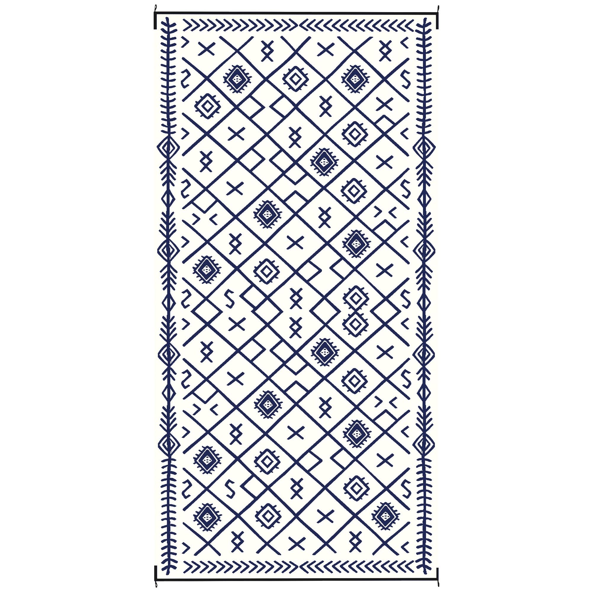 Reversible Outdoor Rug, Waterproof Plastic Straw With Carry Bag, 9 X 18, Blue & White Rhombus