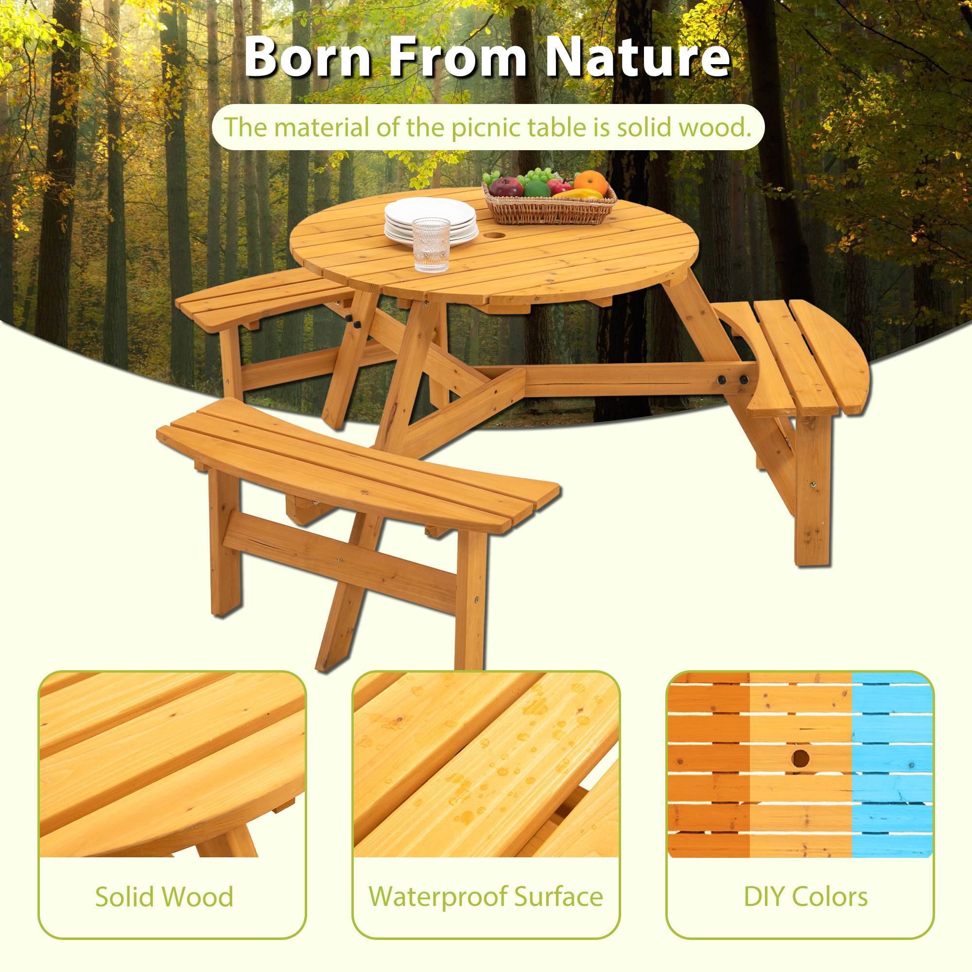 Circular Outdoor Wooden Picnic Table For Patio, Backyard, Garden, DIY