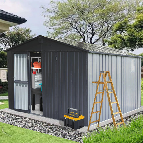 Storage Shed 11 X 12.5 With Galvanized Steel Frame Windows, Outdoor Garden Shed Metal Utility Tool Storage Room With Lockable Door For Patio Dark Gray