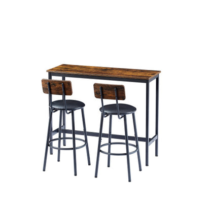 Bar Table Set With 2 Bar Stools PU Soft Seat With Backrest, Rustic Brown