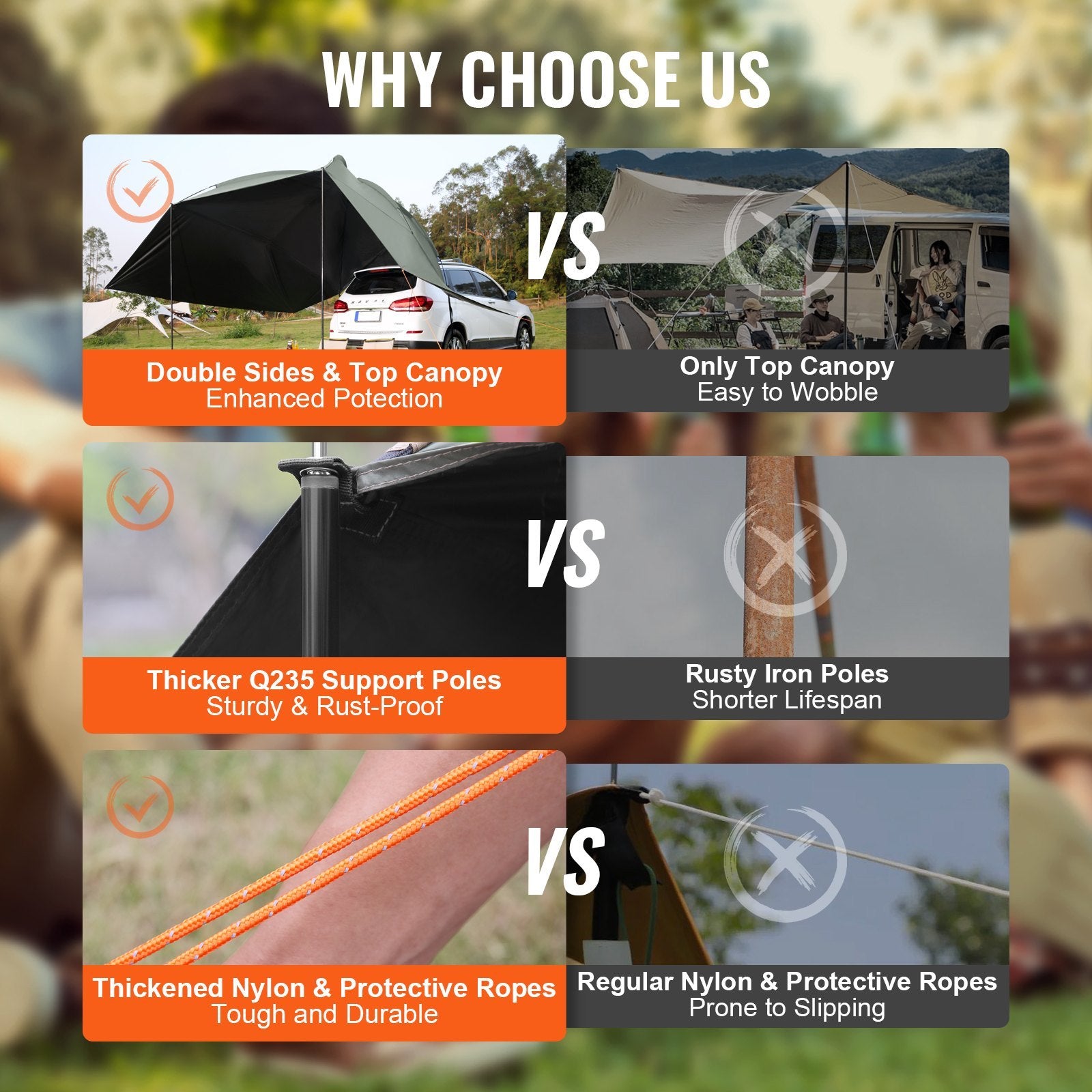 VEVOR Vehicle Awning, Large Shade Coverage Car Side Awning, PU2000mm UV50  Car Awning With Extended Side Canopies And Portable Storage Bag, Suitable For Truck, SUV, Van, Campers