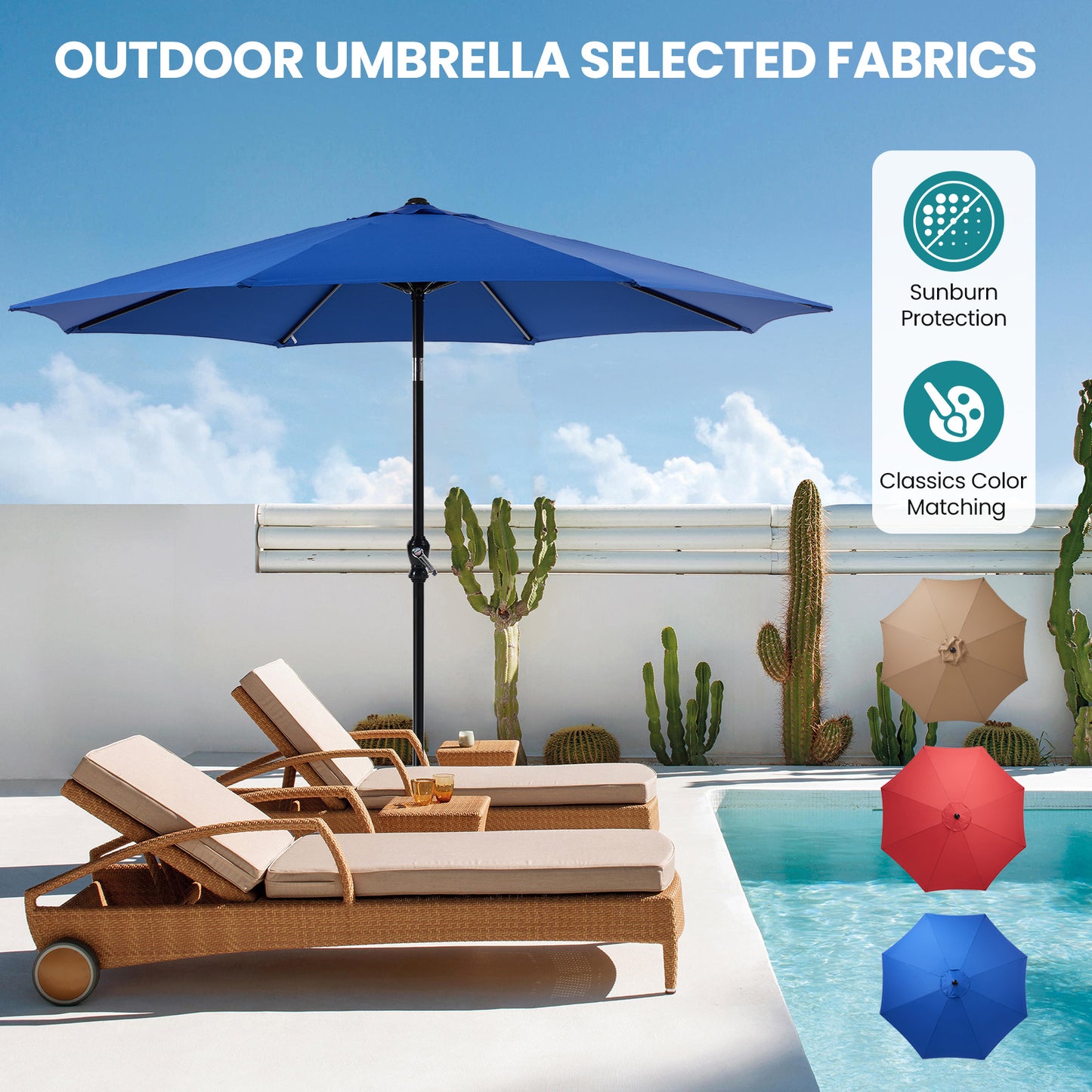 Outdoor Patio Umbrella With Push Button Tilt And Crank, Market Umbrella 8 Sturdy Ribs UV Protection Waterproof For Garden, Backyard, Red