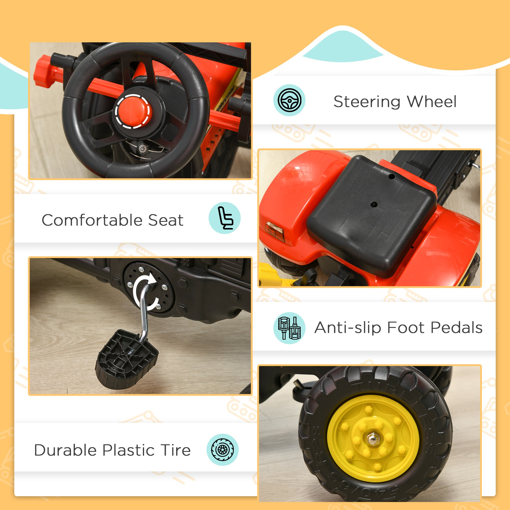 Kids Ride On Excavator Toy Pedal Powered Digger With 6 Wheels Detachable Trailer Controllable Bucket For Ages 3-6