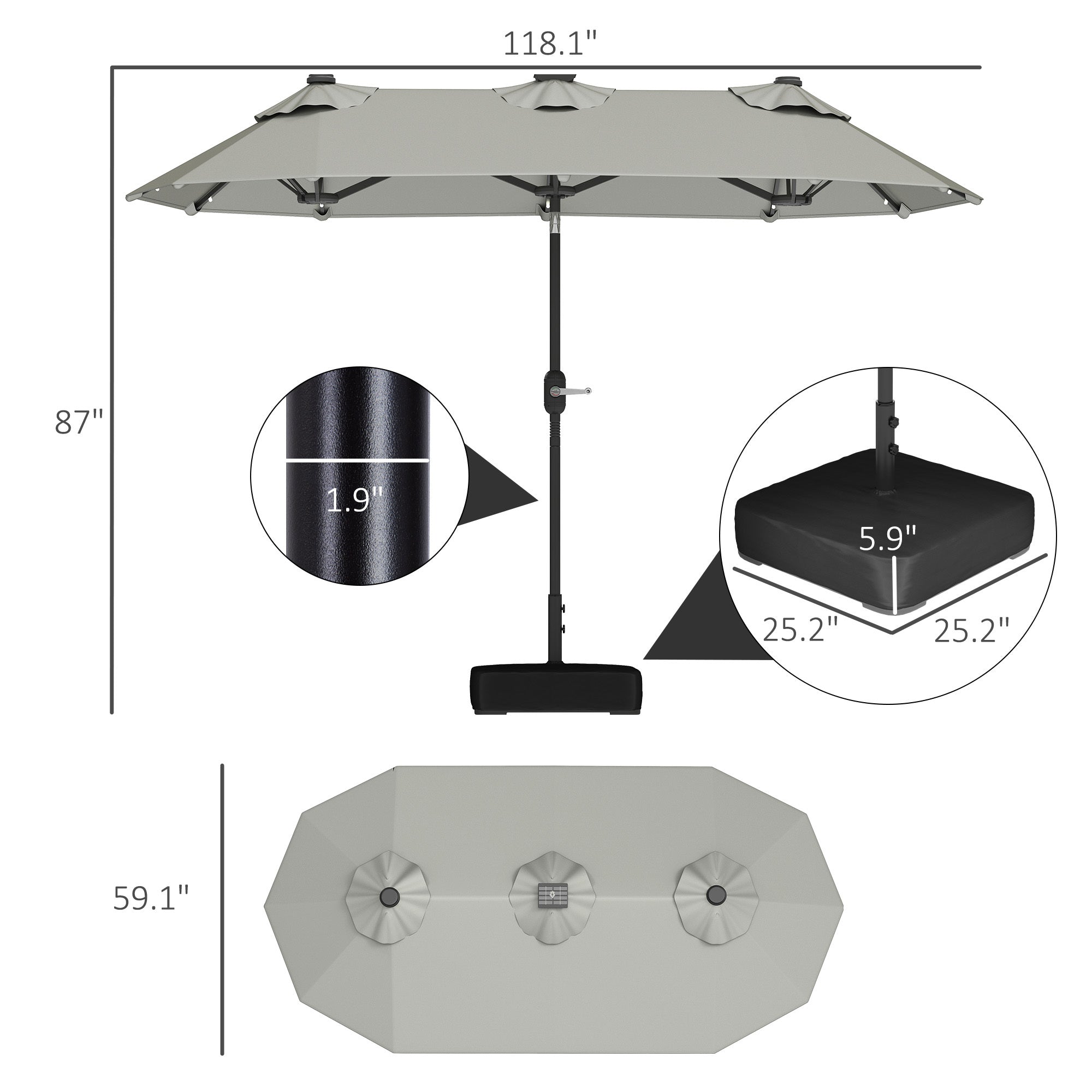Double-sided Outdoor Patio Umbrella With Solar Lights And Base, Dining Table Umbrella Push Button Tilt, Gray