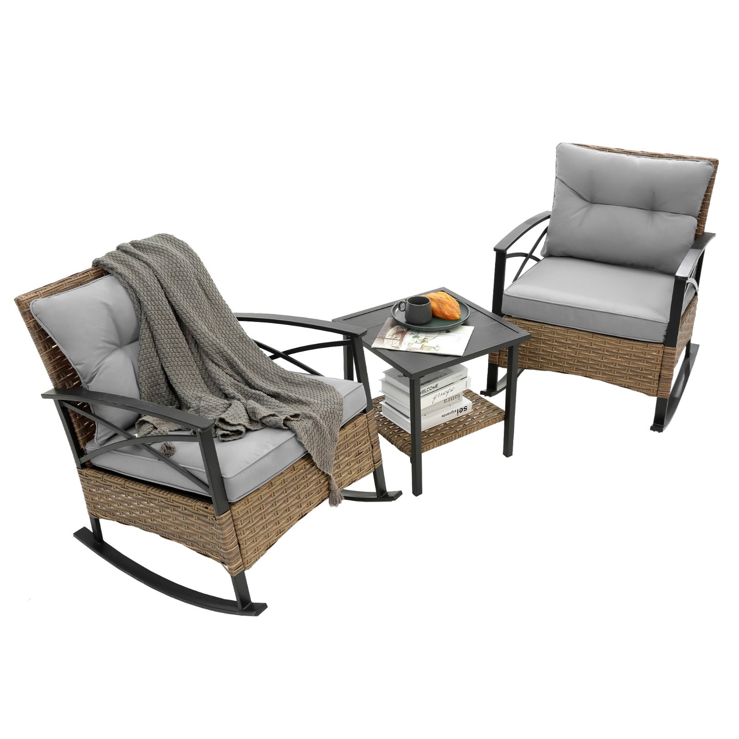 3pcs Rattan Rocking Chair Set Outdoor Leisure Grey