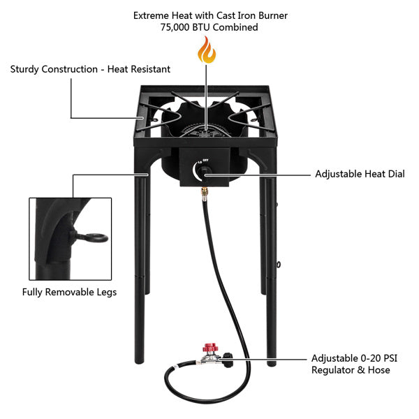 Outdoor Camp Stove High Pressure Propane Gas Cooker Portable Cast Iron Patio Cooking Burner Single Burner 75000-BTU