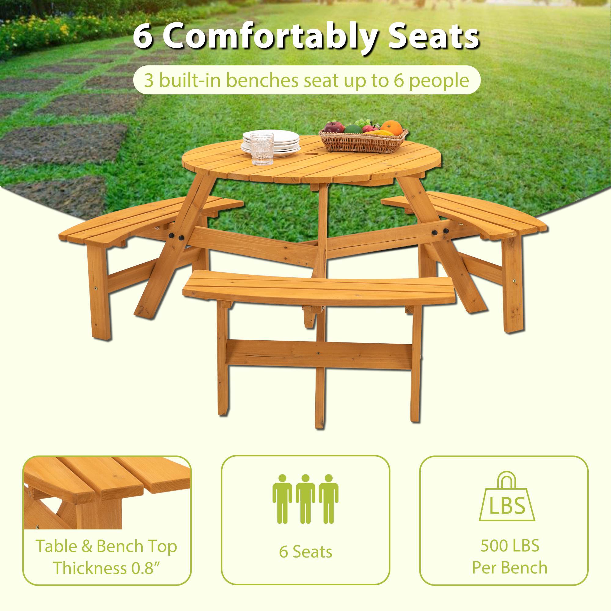 Circular Outdoor Wooden Picnic Table For Patio, Backyard, Garden, DIY