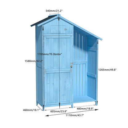 Outdoor 46.45 X21.25x70H Wood Storage Shed, Garden Tool Cabinet With Waterproof Asphalt Roof, Multiple-tier Shelves, Blue