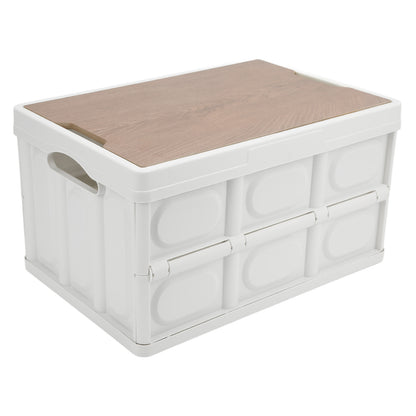 30L Outdoor Multifunctional Folding Storage Box Thicken Removable Portable Storage Box with Wooden Panel for Outdoor White