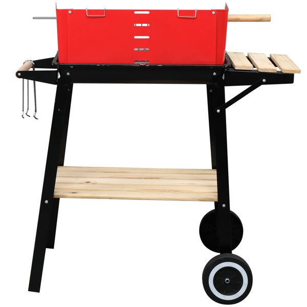 85X42X86cm Black And Red Four-Legged Wheeled Square Enamel Charcoal Oven