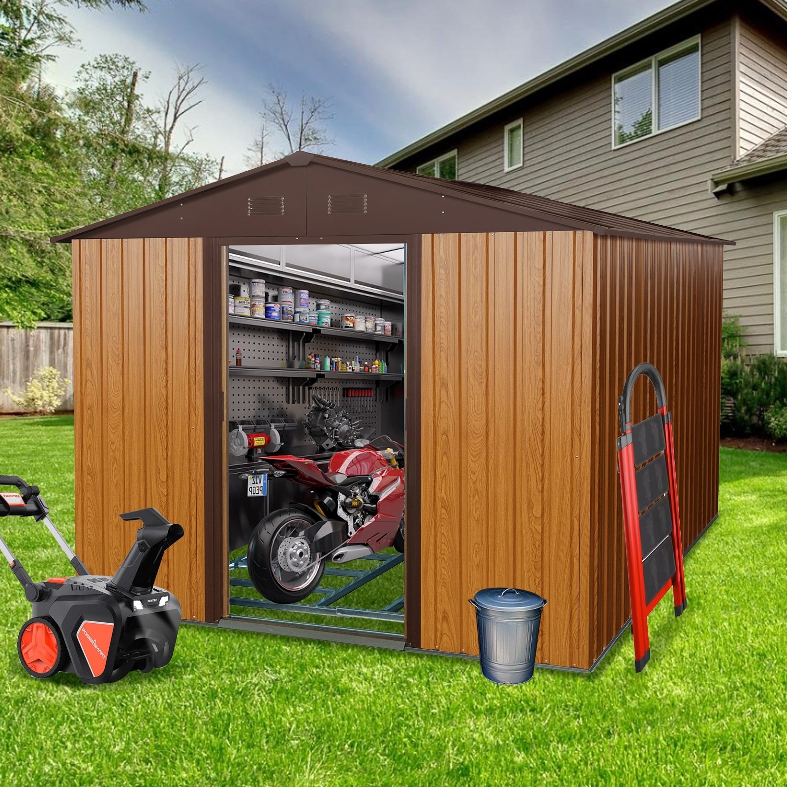 10ft X 8ft Outdoor Metal Storage Shed With Metal Floor Base, Coffee - Outdoor Chilling