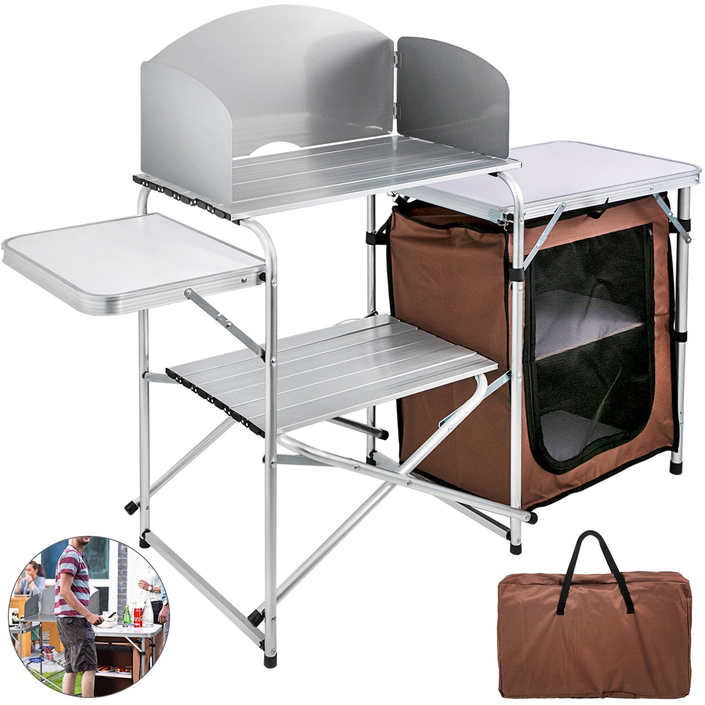 Camping Kitchen Table Picnic Cabinet Folding Cooking Storage Rack Portable Brown