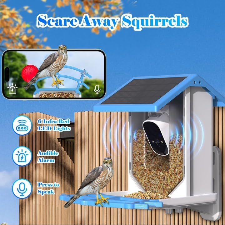 Smart Bird Feeder With Camera,Solar-Powered WiFi 4MP Live Camera,AI Identify Bird Species Auto Capture Garden Bird Watching&Motion Detection,Ideal Gift For Bird Lovers,Blue