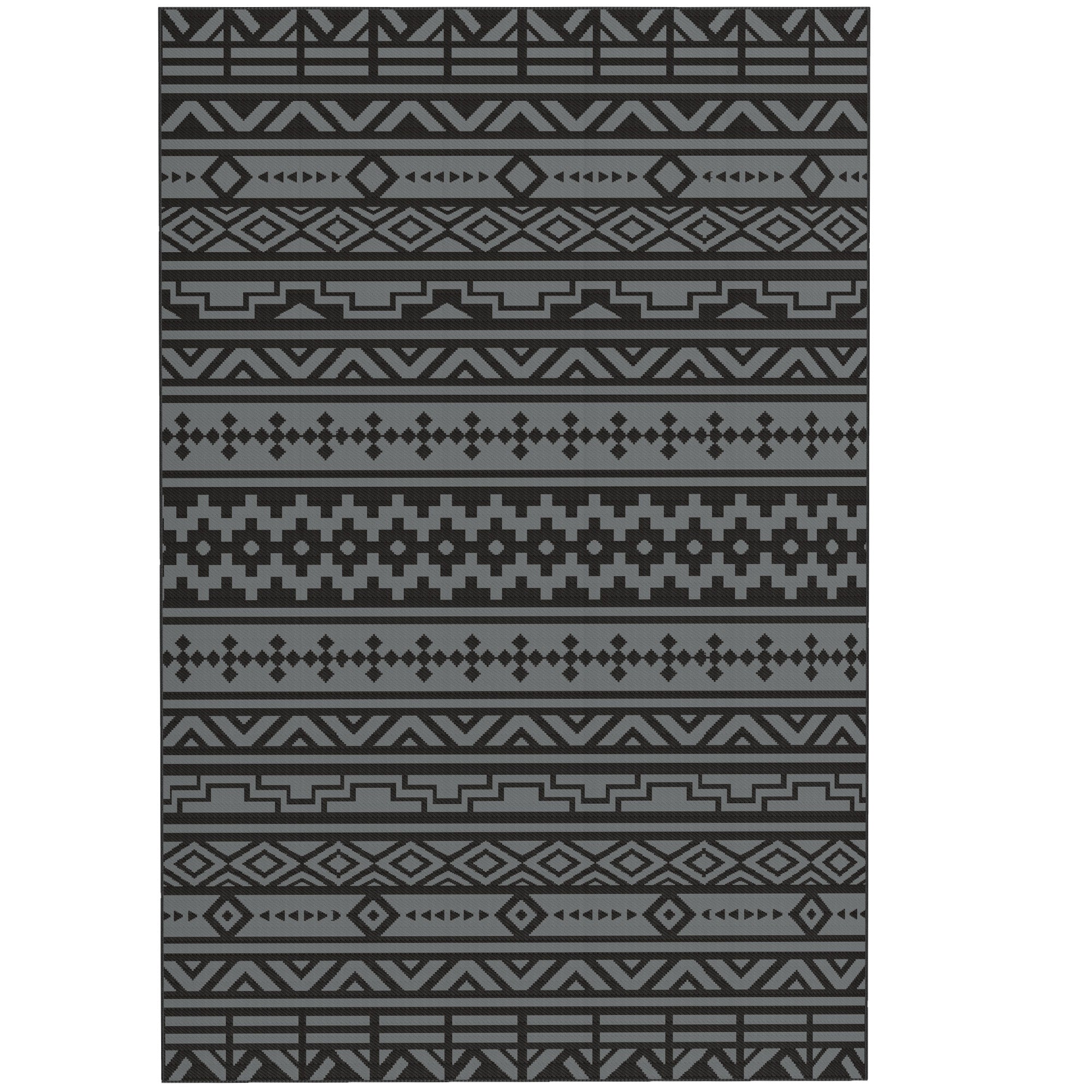 Reversible Outdoor Rug, Waterproof Plastic Straw With Carry Bag, 6 X 9, Black & Gray Geometric Wall