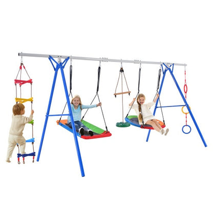 5-in-1 Outdoor Toddler Swing Set, Playground Swing Set With Steel Frame, Multifunctional Playset For Kids With Climbing Ladder, Saucer Swing, Monkey Pole Swing, Disc Swing And Swing Ring