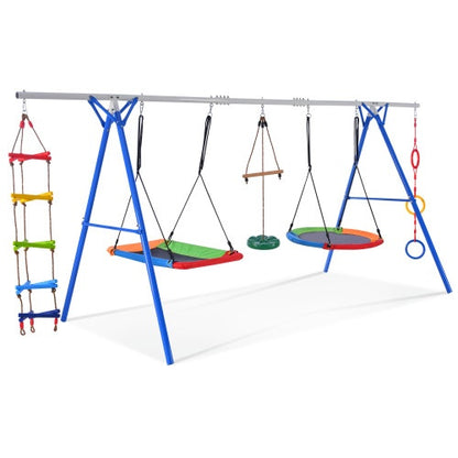 5-in-1 Outdoor Toddler Swing Set, Playground Swing Set With Steel Frame, Multifunctional Playset For Kids With Climbing Ladder, Saucer Swing, Monkey Pole Swing, Disc Swing And Swing Ring