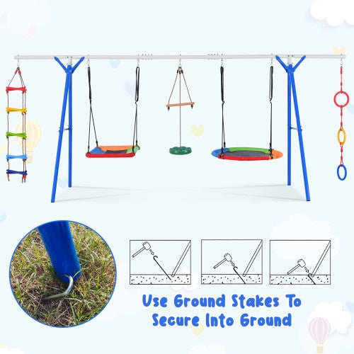 5-in-1 Outdoor Toddler Swing Set, Playground Swing Set With Steel Frame, Multifunctional Playset For Kids With Climbing Ladder, Saucer Swing, Monkey Pole Swing, Disc Swing And Swing Ring