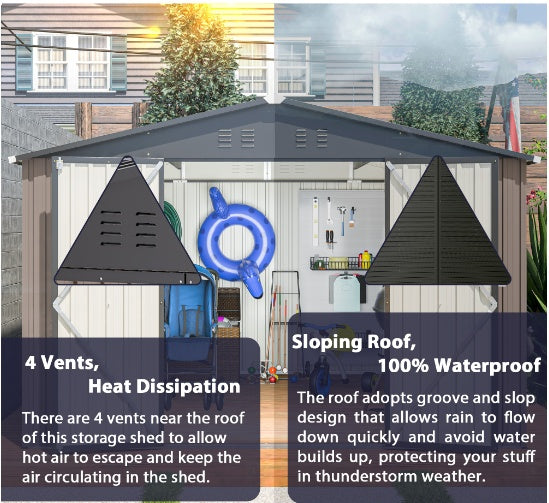 10' x 10' Steel Garden Shed With Double Lockable Door