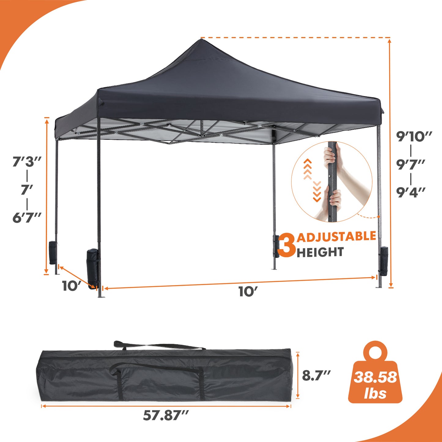 10 X 10ft  Up Canopy Tent Easy Setup Outdoor Shade Instant Portable Sun Shelter Canopy Tent For Parties Camping Beach