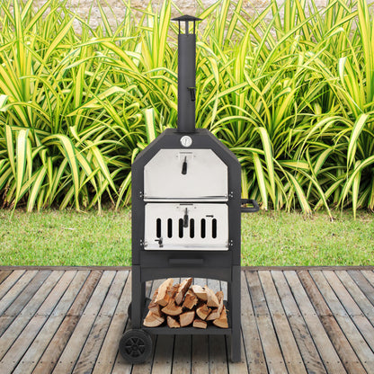 Freestanding wood Pizza Grill With Chimney, Wheels, Pizza Stone, And Pizza Shovel